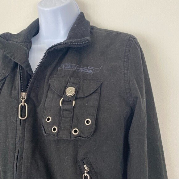 HD HARLEY DAVIDSON Black Motorcycle Biker Jacket Military Bomber Size XS - Picture 3 of 7
